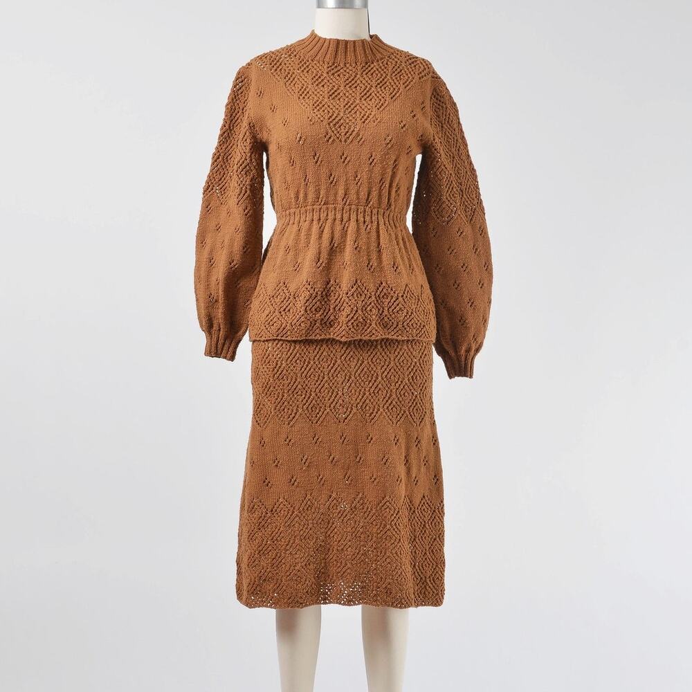 Vintage 70s Brown Sweater Set Sheer Pointelle Hand Knit Pencil Skirt Peplum Top